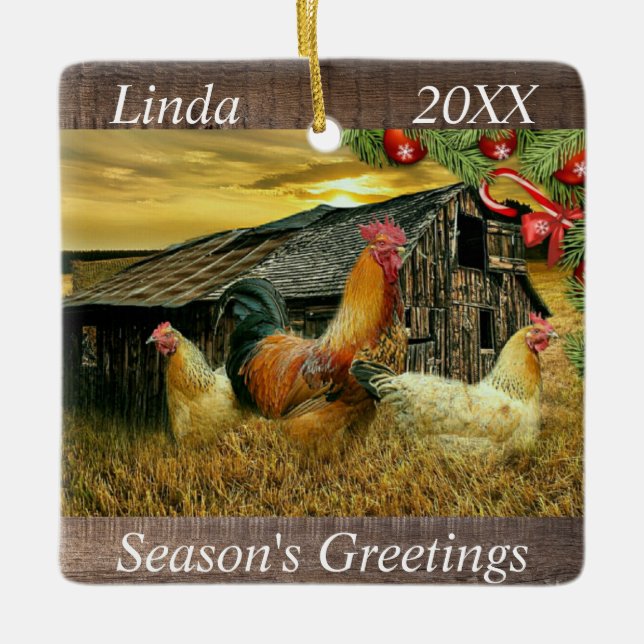 Christmas At The Chicken Coop Rooster Hens Ceramic Ornament (Front)