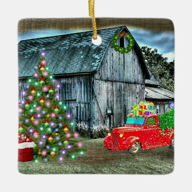 Christmas At The Farm Rustic Barn Ceramic Ornament (Front)