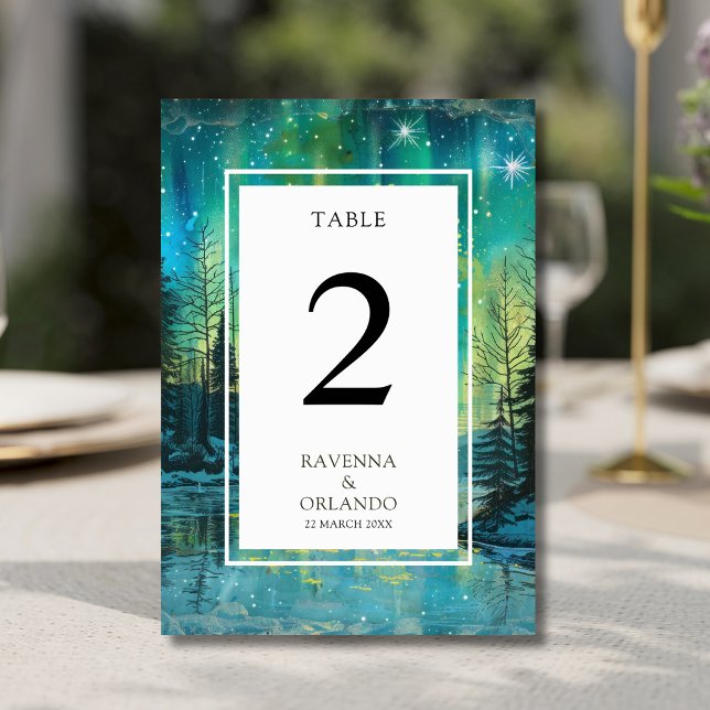 Christmas Aurora Lake Forest Night Sky Wedding Table Number (Creator Uploaded)