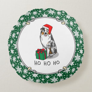 Christmas Australian Shepherd (blue merle tan/w 1) Round Cushion