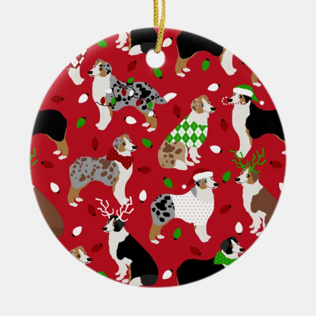 Christmas Australian Shepherd Ceramic Tree Decoration (Front)