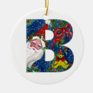 CHRISTMAS B LETTER / SANTA CLAUS WITH RED RIBBON CERAMIC TREE DECORATION