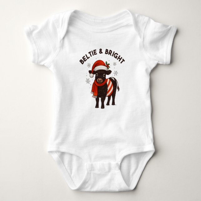 Christmas Baby Beltie Farmer Belted Galloway Cow Baby Bodysuit (Front)