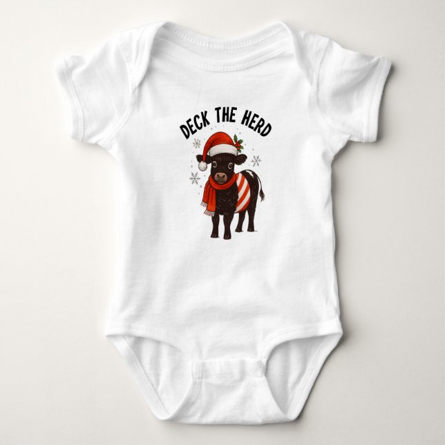 Christmas Baby Beltie Farmer Belted Galloway Cow Bodysuit (Front)