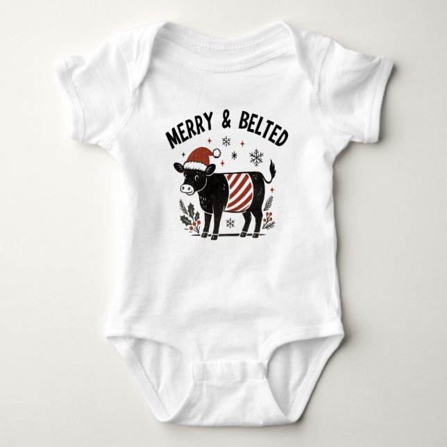 Christmas Baby Beltie Farmer Belted Galloway Cow Bodysuit (Front)