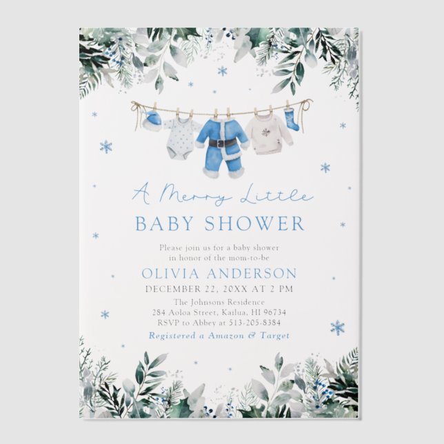 Christmas Baby Boy Blue A Merry Little Baby Shower Vellum Invitations (Front)