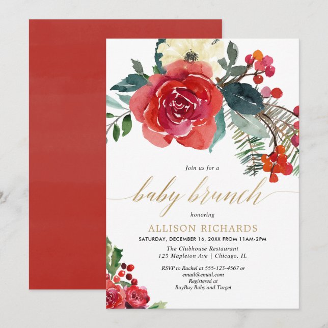 Christmas baby brunch red floral watercolor shower invitation (Front/Back)