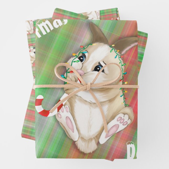 Christmas Baby Bunny Green Red Plaid Fabric  Wrapping Paper Sheet (In situ)
