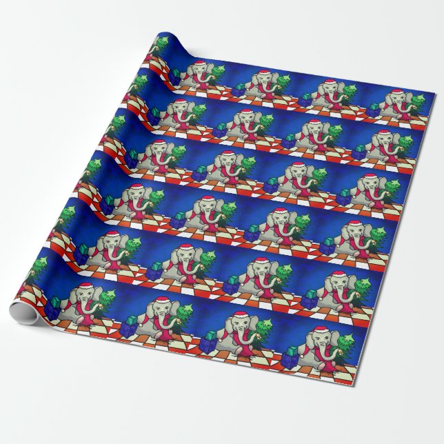 Christmas Baby Elephant With Hat, Scarf and Bell Wrapping Paper (Unrolled)