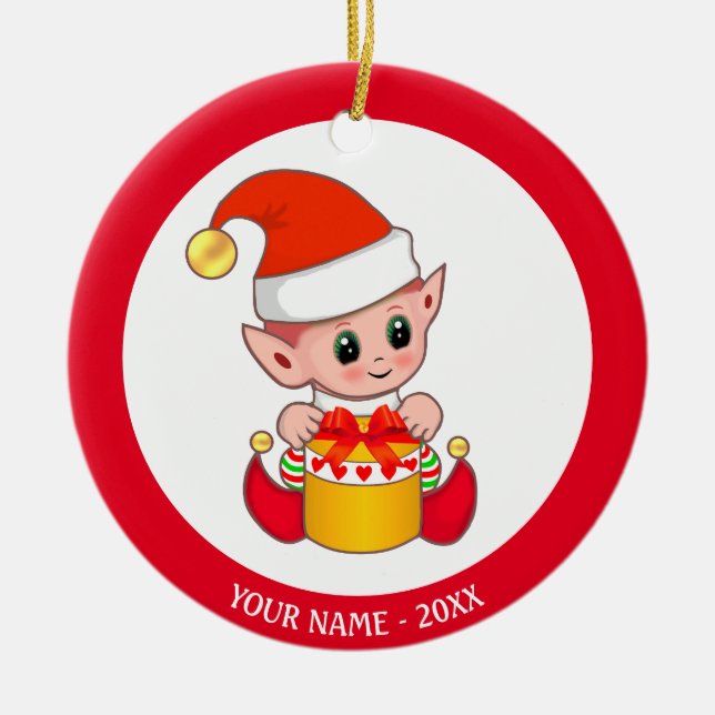 Christmas Baby Elf & Custom Name Ceramic Tree Decoration (Front)