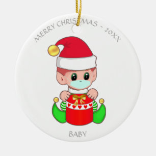 Christmas baby elf with face mask ceramic tree decoration