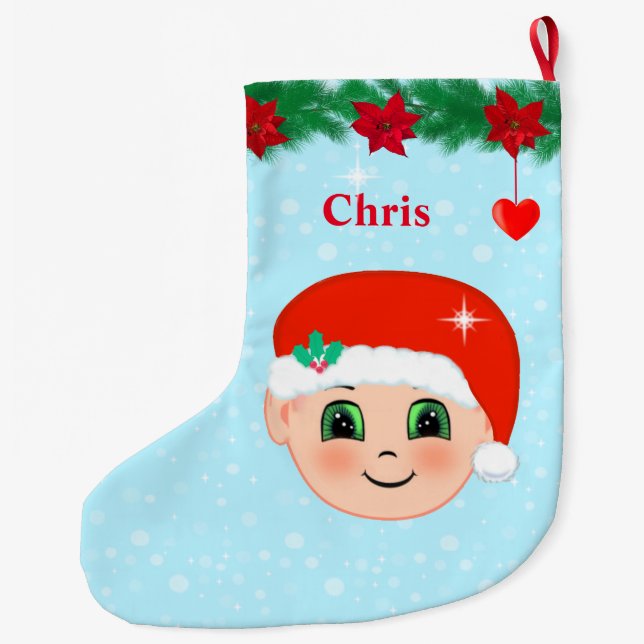 Christmas baby face, hearts, poinsettias and pine large christmas stocking (Back)