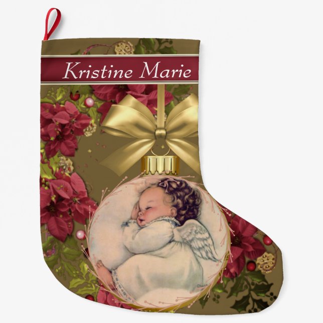 Christmas Baby Girl Angel Gold Ornament Floral Large Christmas Stocking (Front)