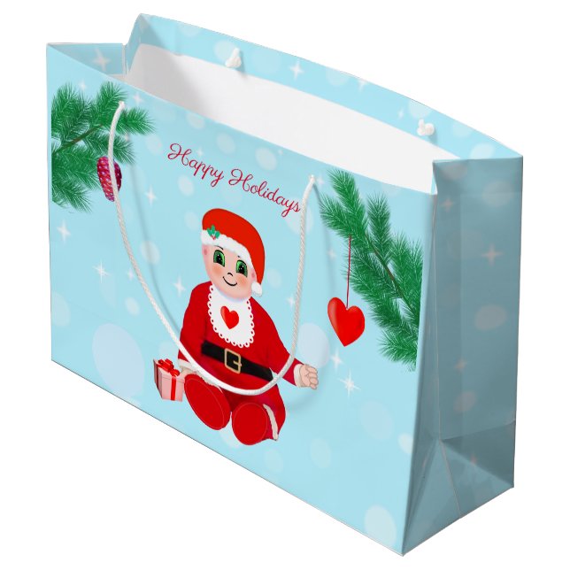 Christmas baby, hearts and pine large gift bag (Back Angled)