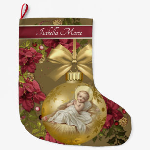 Christmas Baby Jesus Gold Ornament Floral Large Christmas Stocking