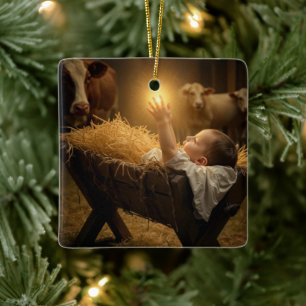 Christmas Baby Jesus In a Manger Ceramic Ornament