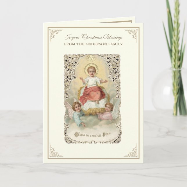 Christmas Baby Jesus Poinsettias Rosary Holiday Card (Front)