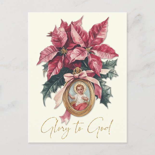 Christmas Baby Jesus Red Poinsettias Postcard (Front)