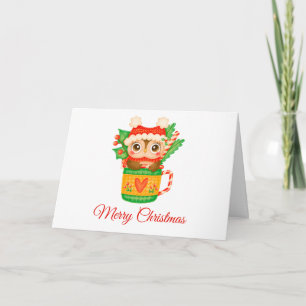 Christmas Baby Owl in a Teacup with Candy Cane  Holiday Card