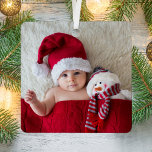 Christmas Baby Photo Birth Stats Metal Tree Decoration<br><div class="desc">Cute keepsake Christmas ornament with your newborn's picture filling one side. On the other side,  personalise with their name in a stylish white script and their name and birth stats in modern white typography on a red background. Perfect gift for the new grandparents,  aunts,  uncles,  friends,  etc.</div>