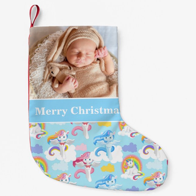 Christmas Baby Photo Blue Unicorns Small Christmas Stocking (Front)