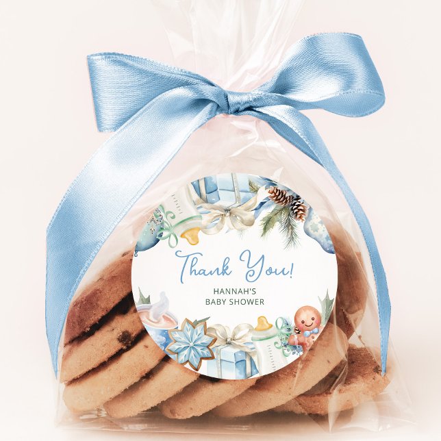 Christmas Baby Shower Blue Thank You Favour Classic Round Sticker (Creator Uploaded)