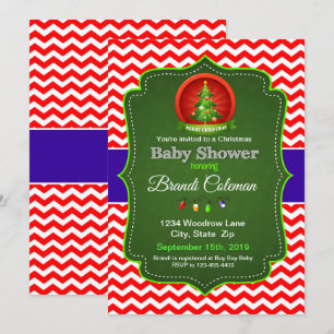 Christmas Baby Shower Chevron Red Blue & Green Inv Invitation
