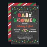 Christmas baby shower gender neutral chalkboard invitation<br><div class="desc">[All text are editable,  except "BABY SHOWER"]
Get this stylish design now!
Occasion: baby shower.
Theme: Christmas,  holiday party
Style: modern,  chic,  cheerful,  fun
Colours: red,  white,  green,  festive colours.
Graphics: chalkboard background,  Christmas candy cane,  colourful Christmas string light</div>