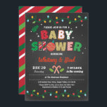 Christmas baby shower gender neutral chalkboard invitation<br><div class="desc">[All text are editable,  except "BABY SHOWER"]
Get this stylish design now!
Occasion: baby shower.
Theme: Christmas,  holiday party
Style: modern,  chic,  cheerful,  fun
Colours: red,  white,  green,  festive colours.
Graphics: chalkboard background,  Christmas candy cane,  colourful Christmas string light</div>