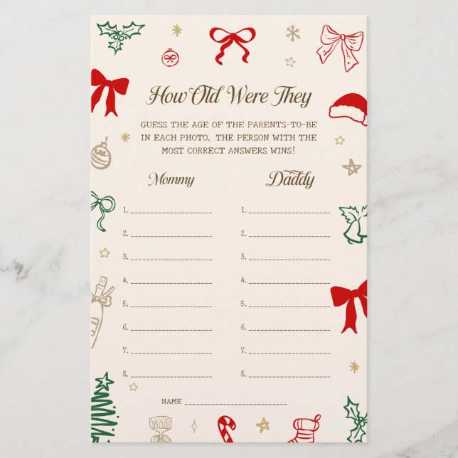 Christmas Baby Shower How Old Were They Game (Front)