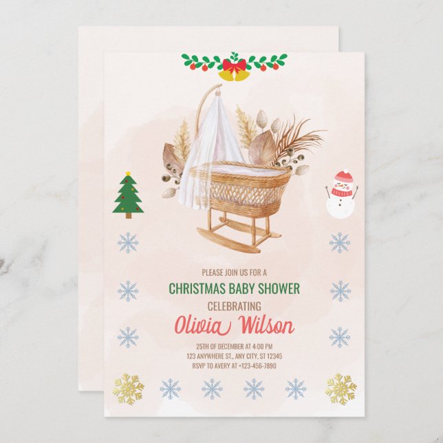 Christmas Baby Shower Invitation Beige and Brown (Front/Back)