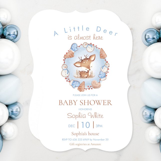 Christmas Baby Shower Invitation Deer (Boy Christmas shower Invitation in blue with a cute deer)