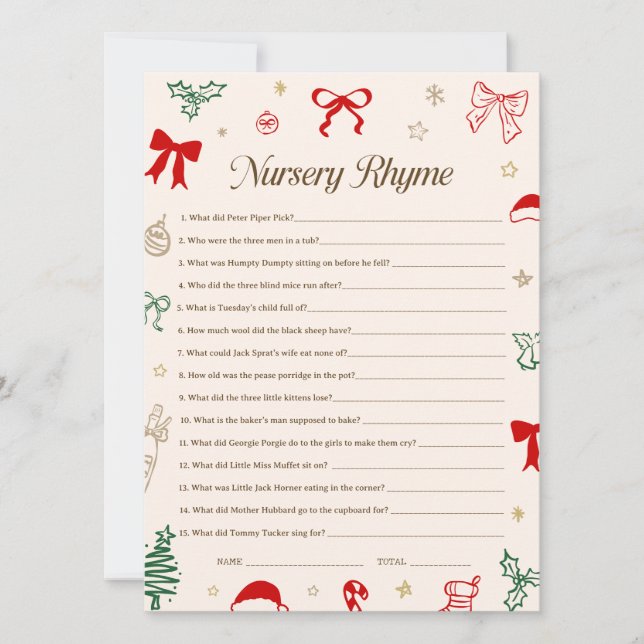 Christmas Baby Shower Nursery Rhyme Game Printable Invitation (Front)