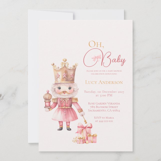 Christmas Baby Shower Pink Nutcracker Watercolor  Invitation (Front)