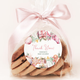 Christmas Baby Shower Pink Thank You Favour Classic Round Sticker