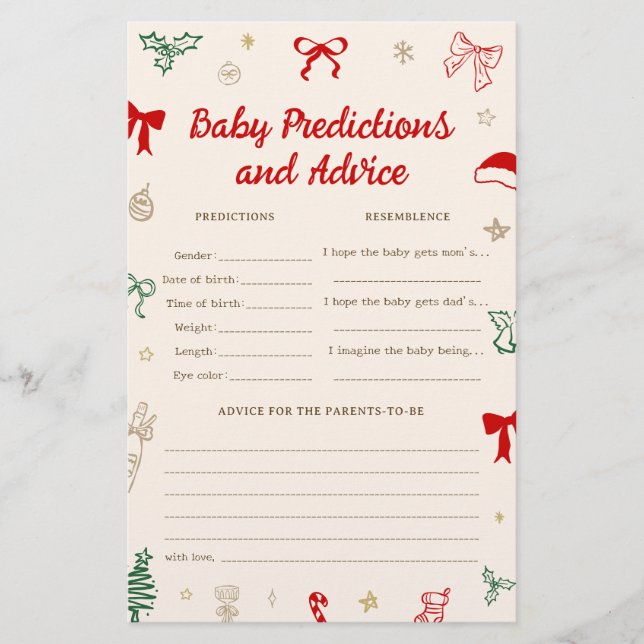 Christmas Baby Shower Predictions Game Game (Front)