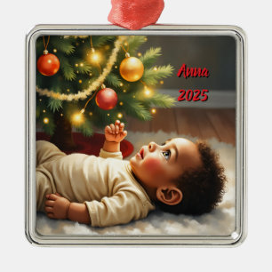 Christmas Baby Under The Tree Scene Metal Tree Decoration