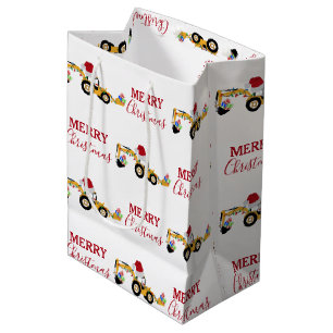 Christmas Backhoe Construction Truck Medium Gift Bag