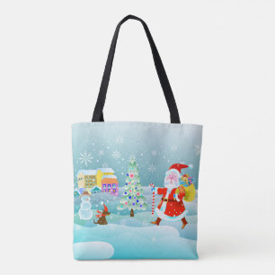 Christmas bag with Santa Claus, snowman and houses