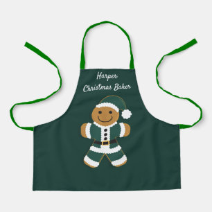 Christmas Baker Name Green Santa Gingerbread Man Apron