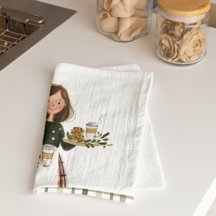 Christmas Baking Lady with Cat Personalised Tea Towel