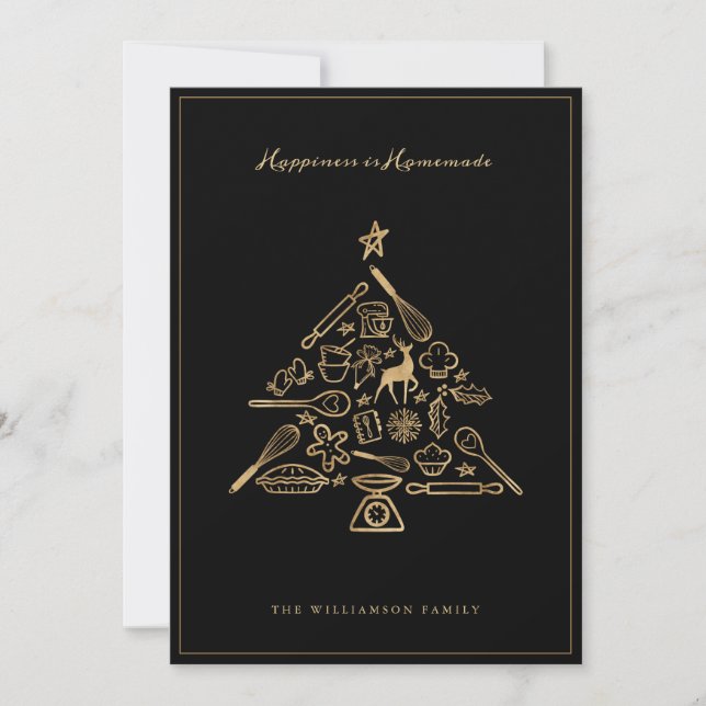 Christmas Baking Tree Gold & Black Family Recipe Holiday Card (Front)