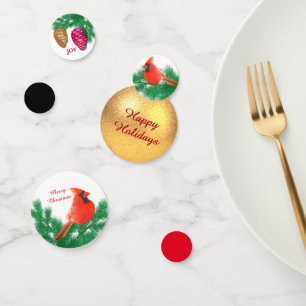 Christmas ball, bird, pine cones on Black & Red Confetti