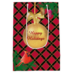 Christmas ball, bird, pine cones on Black & Red Medium Gift Bag