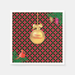 Christmas ball, bird, pine cones on Black & Red Napkin