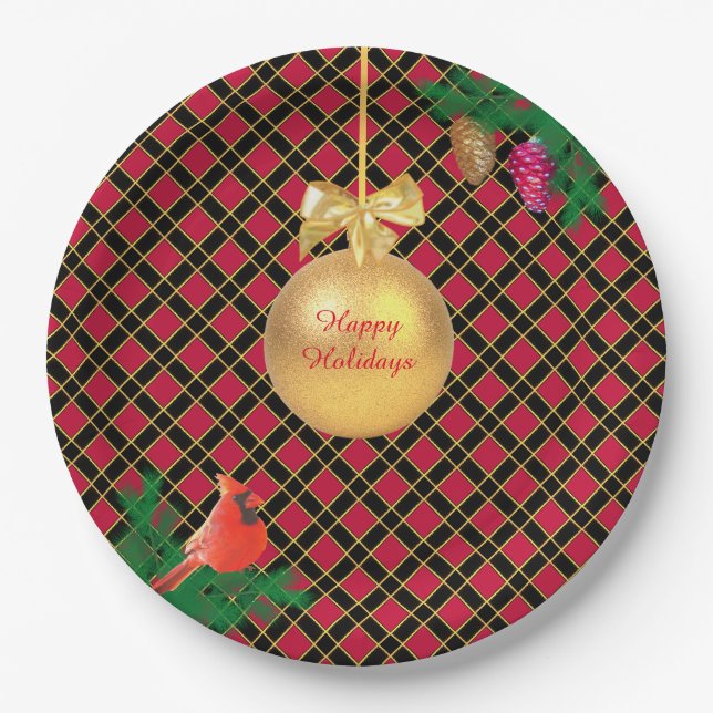 Christmas ball, bird, pine cones on Black & Red Paper Plate (Front)