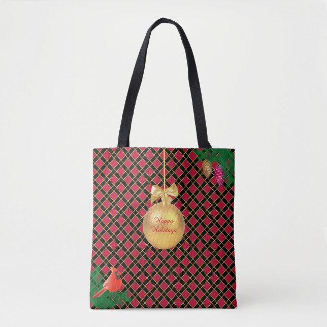 Christmas ball, bird, pine cones on Black & Red Tote Bag (Front)