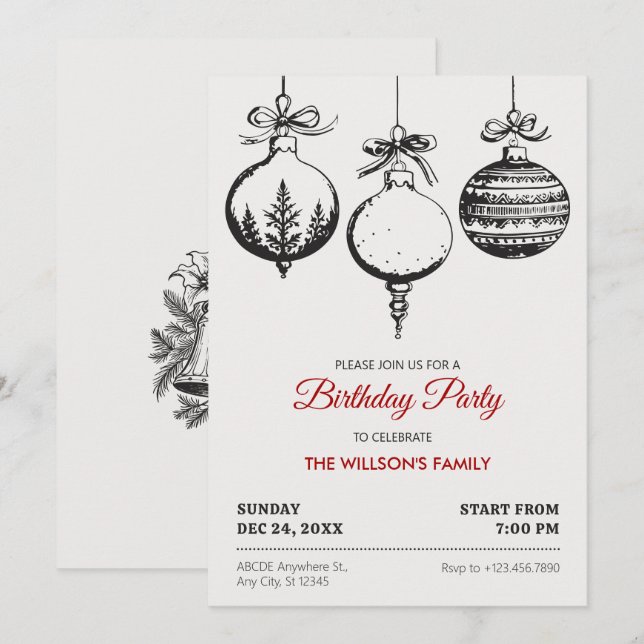 Christmas ball decoration birthday invitation (Front/Back)