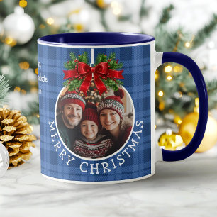 Christmas Ball Ornament Photo Blue Buffalo Plaid Mug
