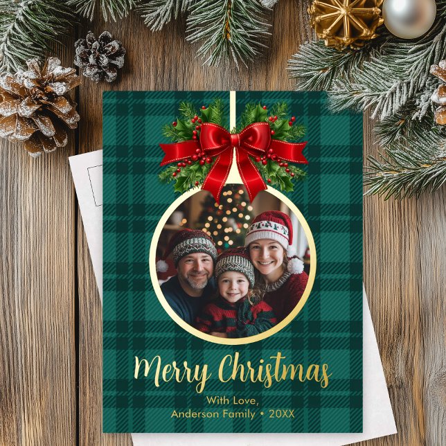 Christmas Ball Ornament Photo Buffalo Plaid Foil Holiday Postcard (Christmas Ball Ornament Photo Buffalo Plaid Foil Holiday Postcard)